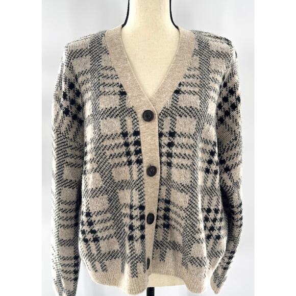 Rails Sweaters - Rails Reese Black Oatmeal Plaid Cardigan Sweater Beige Wool Knit Cardi L